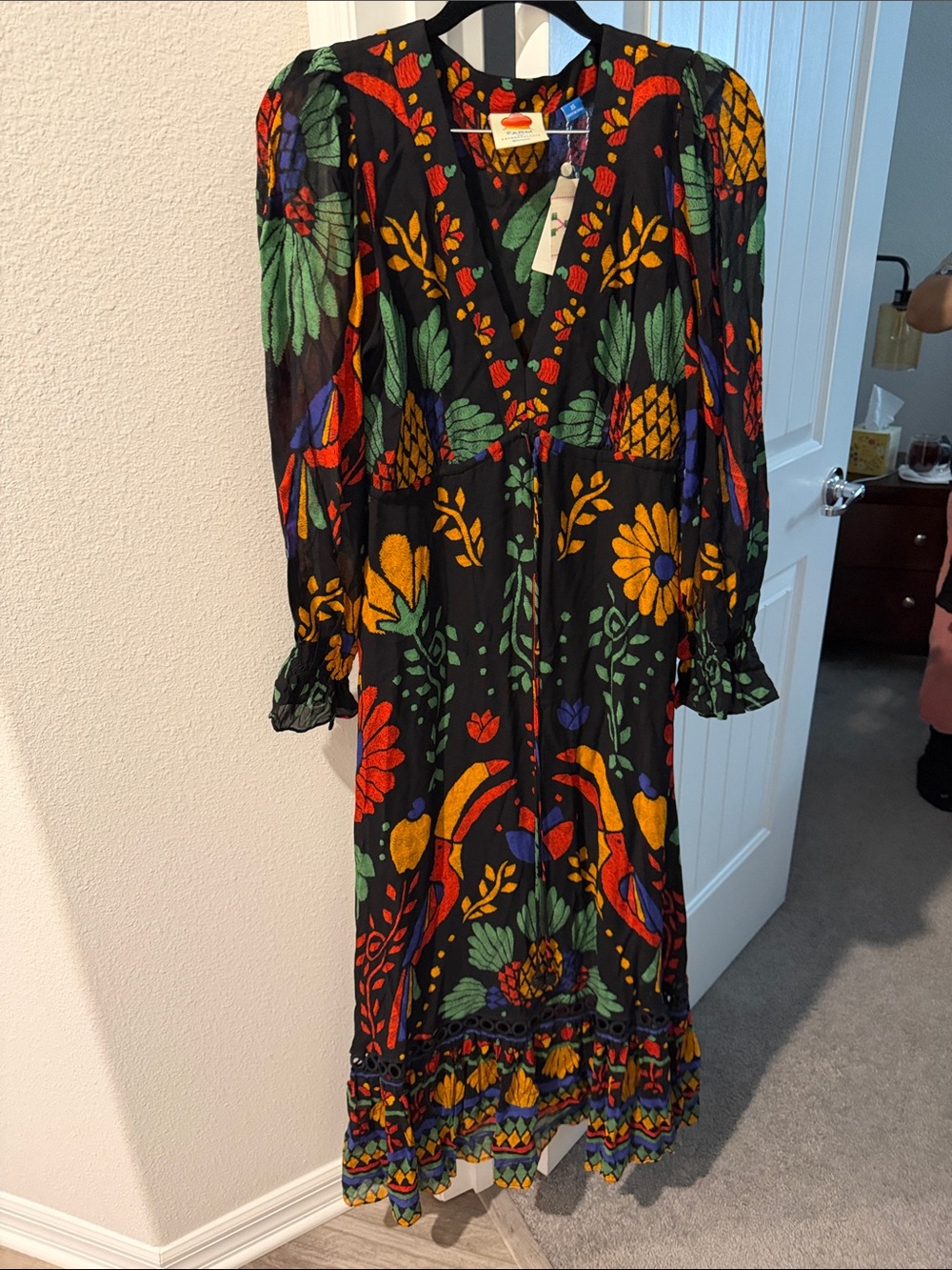 FARM Rio Black Maxi Dress with Multicolor Floral & Parrot Print